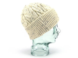 Knitted 100% British Wool Beanie Hat - Cream Nep