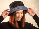 Tweed Wax Cloche Hat - Herringbone Blue Moon with Navy