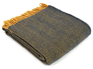 Herringbone Pure New Wool Throw - Navy/Mustard